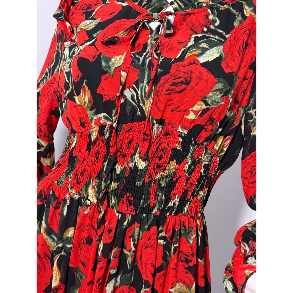 Tuleen Red Rose Floral Maxi Dress Smocked Waist Long Sleeve Boho XL - Picture 7 of 10